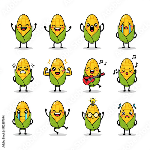 Cute Kawaii Corn Character Emoji Set. Funny Yellow Maize Mascot with Various Emotions and Expressions like Happy, Sad Crying, and Playing Guitar. Vector Sticker Pack for Kids and Food Design.