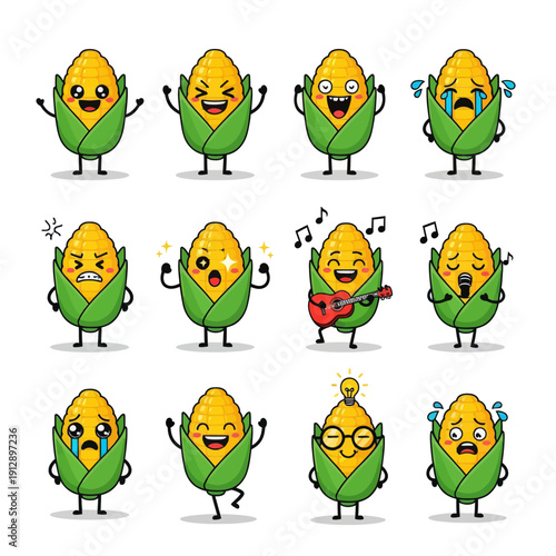 Cute Kawaii Corn Character Emoji Set. Funny Yellow Maize Mascot with Various Emotions and Expressions like Happy, Sad Crying, and Playing Guitar. Vector Sticker Pack for Kids and Food Design.