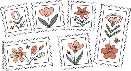 Flower Postage Stamp Postcard Set. Flowers in vases postal stamps. Cute Floral Spring Blossom Postal Frame. Hand Drawn Vector Illustration 