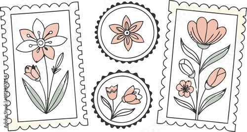 Flower Postage Stamp Postcard Set. Flowers in vases postal stamps. Cute Floral Spring Blossom Postal Frame. Hand Drawn Vector Illustration 