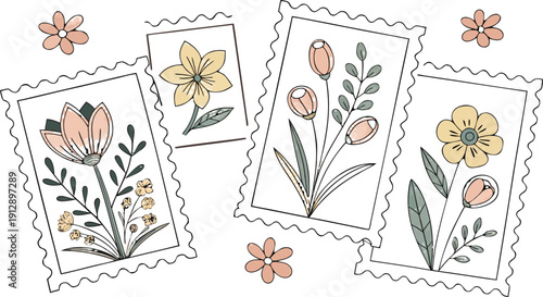 Flower Postage Stamp Postcard Set. Flowers in vases postal stamps. Cute Floral Spring Blossom Postal Frame. Hand Drawn Vector Illustration 