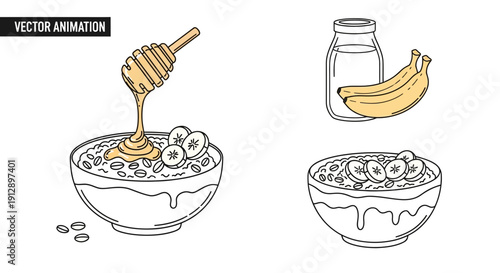 Healthy Oatmeal with Banana and Honey, Breakfast Food Illustration