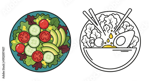 Healthy Salad and Outline Bowl with Ingredients, Top View