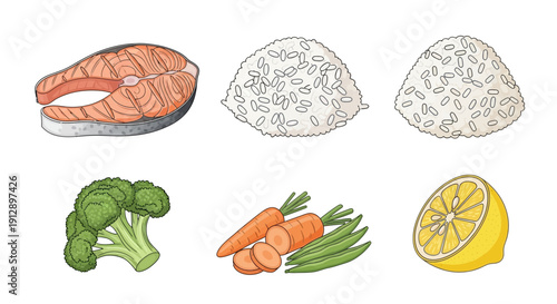 Healthy Salmon Meal with Rice, Broccoli, Carrots, and Lemon - Top View