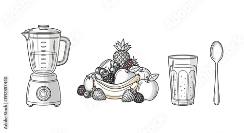 Healthy Smoothie Ingredients: Blender, Fresh Fruits, Glass of Juice, and Spoon