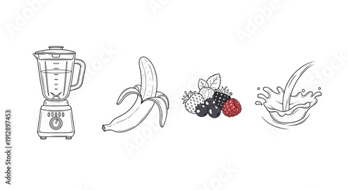 Healthy Smoothie Ingredients: Blender, Banana, Berries, and Pouring Liquid Splash
