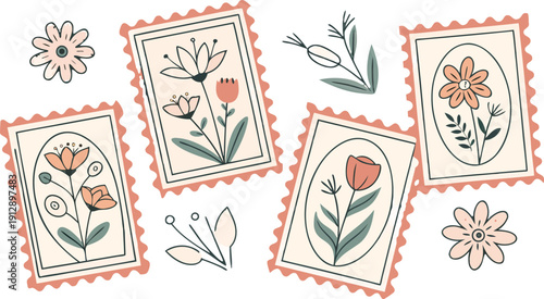 Flower Postage Stamp Postcard Set. Flowers in vases postal stamps. Cute Floral Spring Blossom Postal Frame. Hand Drawn Vector Illustration 