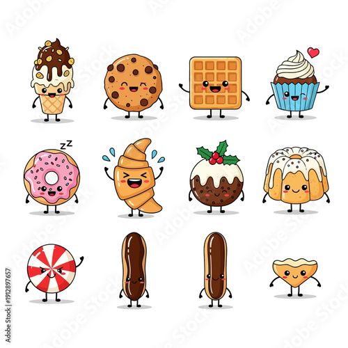 Cute Kawaii Dessert and Sweet Treat Character Emoji Set. Funny Ice Cream, Cookie, Waffle, Cupcake, Donut, and Macaron Mascots with Various Emotions. Vector Sticker Pack for Bakery and Kids Design.