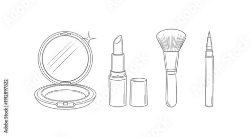 Hand-drawn sketch of makeup essentials: powder compact, lipstick, makeup brush, and eyeliner pen on white background.