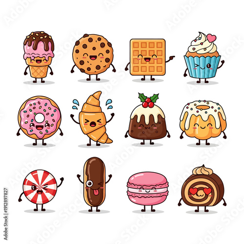 Cute Kawaii Dessert and Sweet Treat Character Emoji Set. Funny Ice Cream, Cookie, Waffle, Cupcake, Donut, and Macaron Mascots with Various Emotions. Vector Sticker Pack for Bakery and Kids Design.
