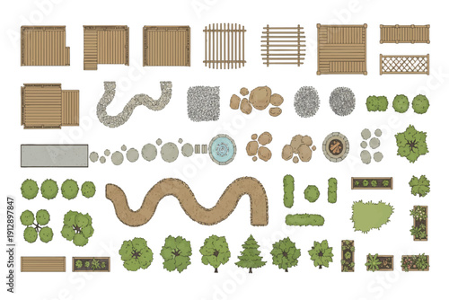 Top View Garden Landscape Graphic Diagram Artwork Vector Greenery Architectural Elements Set for Outdoor Planning and Design Projects.