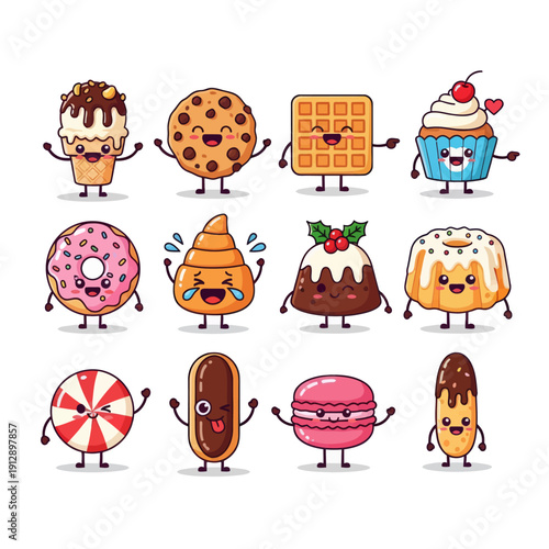 Cute Kawaii Dessert and Sweet Treat Character Emoji Set. Funny Ice Cream, Cookie, Waffle, Cupcake, Donut, and Macaron Mascots with Various Emotions. Vector Sticker Pack for Bakery and Kids Design.