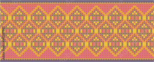 A vibrant and intricate geometric pattern featuring a mix of yellow, pink, and purple hues in a repeating design.