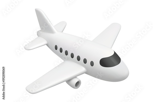 Playful 3D cartoon white airplane flying, cute minimalist toy jet icon, isometric illustration isolated on transparent background, png
