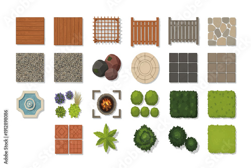 Top View Garden Landscape Graphic Diagram Artwork Vector Greenery Architectural Elements Collection for Outdoor Planning and Design Layouts.