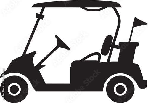 Black silhouette of a golf cart with a flag on a white background transportation