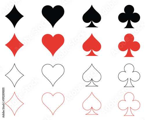 Playing Card Suits Vector Set, Spade, Heart, Club, and Diamond Symbols, Isolated Vector Icons for Logo, Game Design