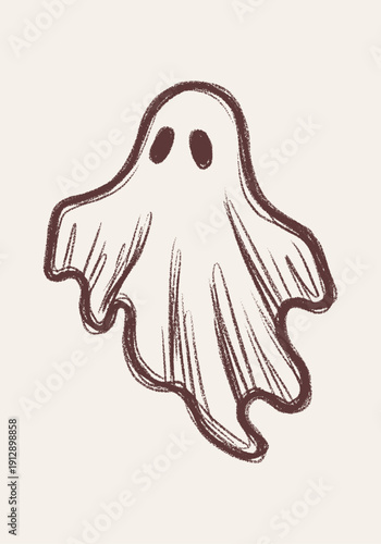 Spooky yet friendly hand-drawn ghost vector illustration with a unique distressed texture, perfect for Halloween designs and seasonal events