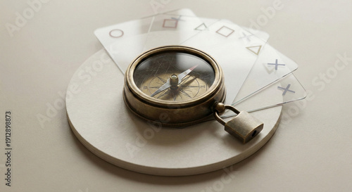 Brass compass on blank decision wheel with geometric overlays and padlock charm