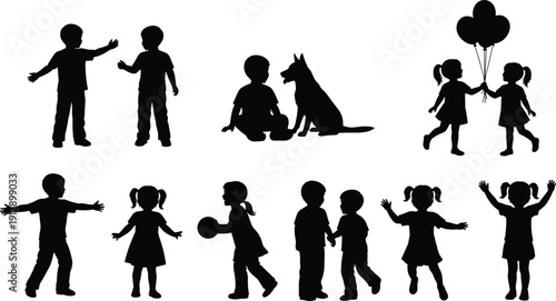 Set of black silhouettes of children playing boys and girls holding balloons and ball sitting with dog isolated on white background vector illustration collection.