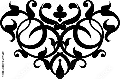 A black and white illustration of an intricate ornamental design on a plain background