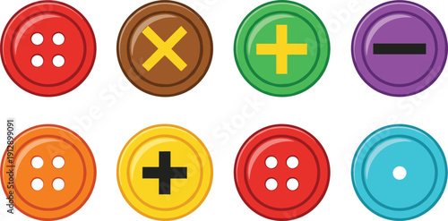 Colorful Button Icon Set with Plus, Minus, Cross, and Hole Variations for Sewing, Craft, Game Interface, UI Elements, and Decorative Vector Design