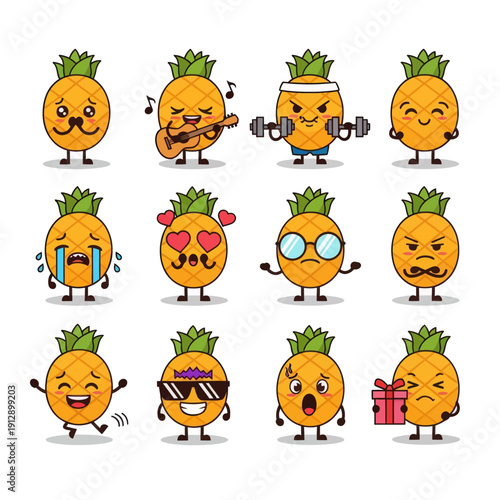 Cute Kawaii Pineapple Character Emoji Set. Funny Pineapple Fruit Mascot with Various Emotions and Expressions like Happy, Sad, and Gym Workout. Vector Sticker Pack for Kids and Summer Design.