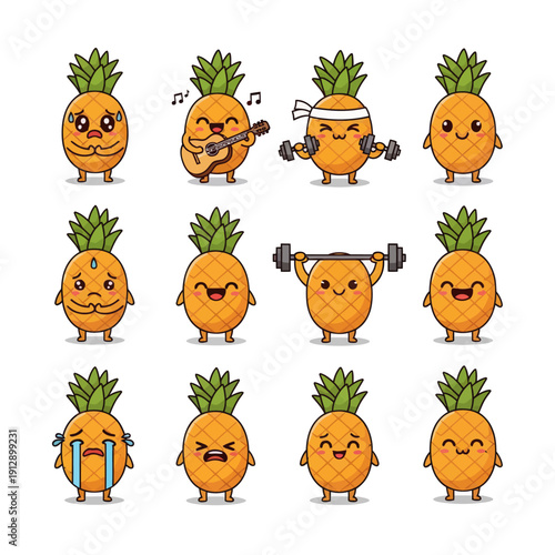 Cute Kawaii Pineapple Character Emoji Set. Funny Pineapple Fruit Mascot with Various Emotions and Expressions like Happy, Sad, and Gym Workout. Vector Sticker Pack for Kids and Summer Design.