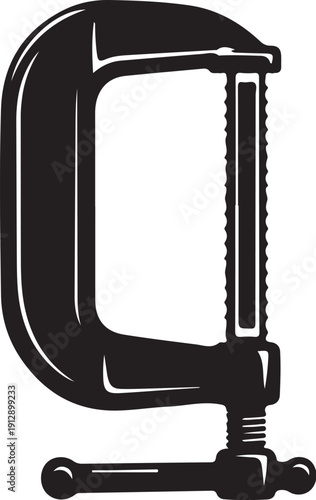 Black and white illustration of a metal C clamp