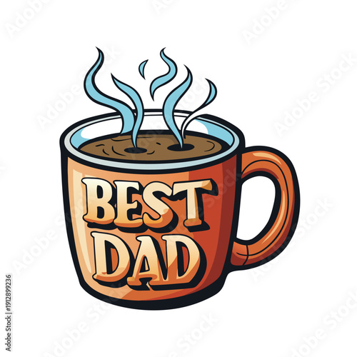 Vector cartoon illustration of a steaming orange coffee mug with 'BEST DAD' text, isolated on a transparent background, perfect for Father's Day branding.