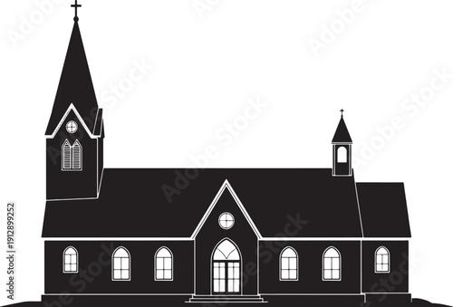 Black silhouette of a traditional church building with a tall steeple and crosses