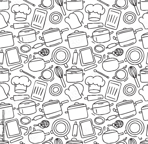 Black and white seamless pattern of kitchen utensils including chef hats, oven mitts, pots, pans, and rolling pins isolated
