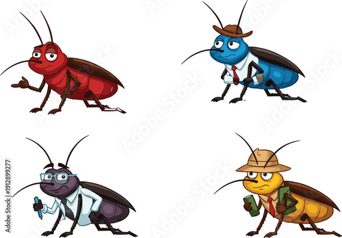 Cartoon cockroach characters, funny insect illustration, cowboy roach, scientist bug, explorer cockroach, anthropomorphic insect art, children vector design, humorous bug drawing