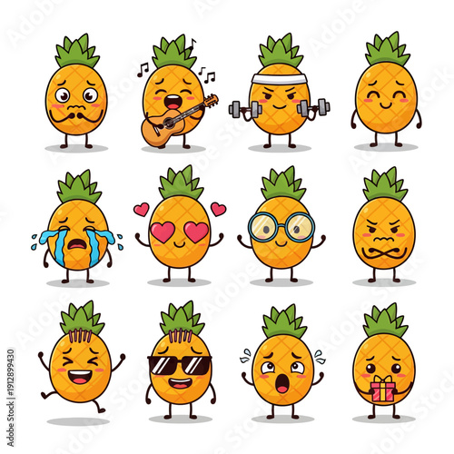 Cute Kawaii Pineapple Character Emoji Set. Funny Pineapple Fruit Mascot with Various Emotions and Expressions like Happy, Sad, and Gym Workout. Vector Sticker Pack for Kids and Summer Design.