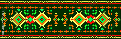 A vibrant and colorful geometric pattern with intricate designs and shapes on a dark green background