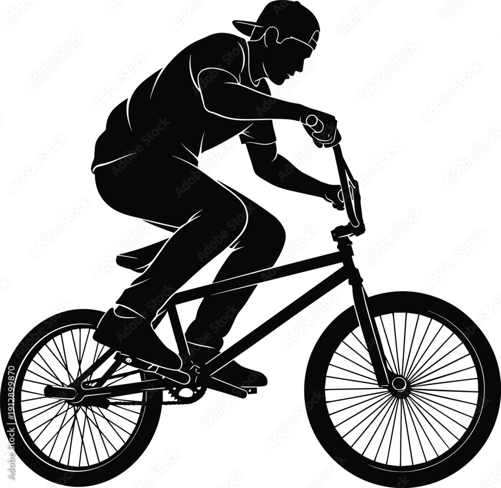 Fototapeta premium Black BMX bike rider silhouette performing stunt with mountain bicycle and extreme sports athlete man isolated on white background for urban cycling vector design