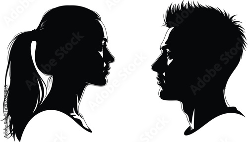 Black and white side profile silhouettes of a beautiful young woman with a ponytail and a handsome man looking at each other isolated.