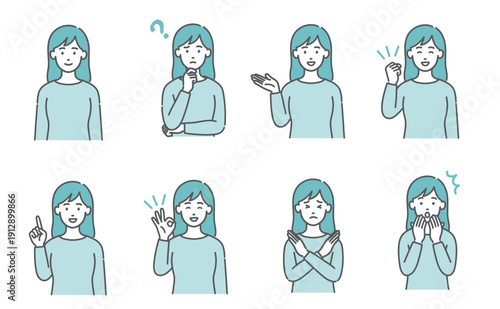 若い女性の表情・ポーズ8点セット（上半身イラスト）