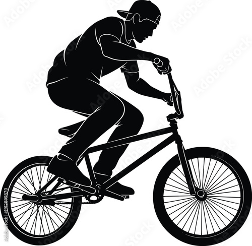 Black BMX bike rider silhouette performing stunt with mountain bicycle and extreme sports athlete man isolated on white background for urban cycling vector design
