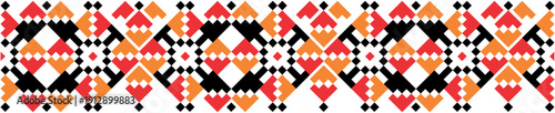 A vibrant geometric pattern featuring a mix of red, orange, black, and white shapes on a clean background.
