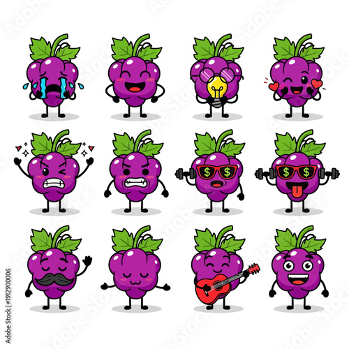 Cute Kawaii Grape Character Emoji Set. Funny Purple Fruit Mascot with Various Emotions and Expressions like Happy, Angry, and Playing Guitar. Vector Sticker Pack for Kids and Social Media.