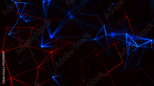 An abstract network, made in dark tones with bright red and blue lines. Subtle connections and nodes form a digital structure reminiscent of technological or neural connections.