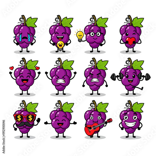 Cute Kawaii Grape Character Emoji Set. Funny Purple Fruit Mascot with Various Emotions and Expressions like Happy, Angry, and Playing Guitar. Vector Sticker Pack for Kids and Social Media.