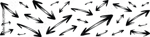 A dynamic black and white line drawing of various hand-drawn sketchy arrows pointing in multiple directions, illustrating concepts of choice, movement, and change