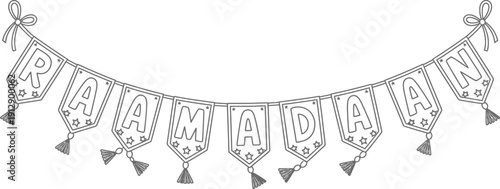 A festive black and white line drawing banner wishing Ramadan Mubarak, perfect for Islamic celebrations