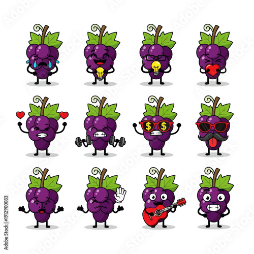 Cute Kawaii Grape Character Emoji Set. Funny Purple Fruit Mascot with Various Emotions and Expressions like Happy, Angry, and Playing Guitar. Vector Sticker Pack for Kids and Social Media.