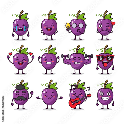 Cute Kawaii Grape Character Emoji Set. Funny Purple Fruit Mascot with Various Emotions and Expressions like Happy, Angry, and Playing Guitar. Vector Sticker Pack for Kids and Social Media.