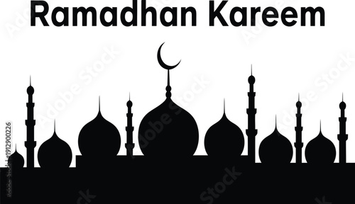 Minimalist black and white illustration capturing the silhouette of a mosque skyline under a crescent moon, symbolizing religious observance and spiritual reflection for a blessed period