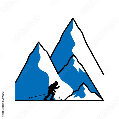 Mountain climber silhouette against snowy peaks illustration.