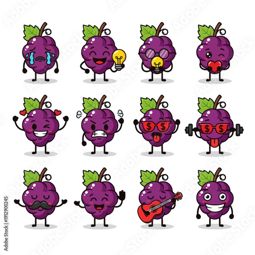 Cute Kawaii Grape Character Emoji Set. Funny Purple Fruit Mascot with Various Emotions and Expressions like Happy, Angry, and Playing Guitar. Vector Sticker Pack for Kids and Social Media.